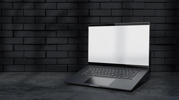 laptop mock-up tom skärm front svart tegelvägg. skuggan av träd och fönster. dekorera minimalistisk stil. foto