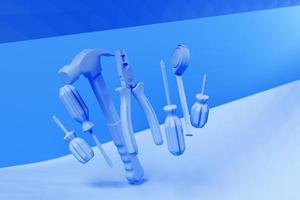 3D-illustration blå handverktyg skruvmejsel, hammare, tång, skruvar, etc. för handgjorda. olika arbetsredskap. konstruktion, konstruktion, renovering koncept. foto