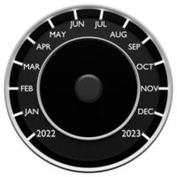 3D-illustration närbild svart hastighetsmätare med cutoffs 2022,2023 och kalendermånader. konceptet med det nya året och julen inom fordonsområdet. räknar månader, tid till nyår foto