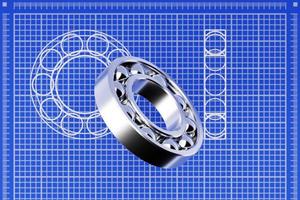 3D-illustration av ett metalliskt silverkullager med kulor på en bakgrund för blått millimeterpapper. industriellt lager. foto