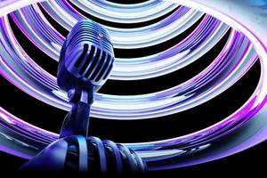 mikrofonmodell på neonbakgrund, realistisk 3d-illustration. musikpris, karaoke, radio och ljudutrustning för inspelningsstudio foto