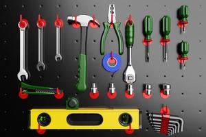 byggverktyg. handverktyg för hemreparation och konstruktion. skiftnyckel, fräs, eltejp, spärr, tång, nivåhäng på plats på hyllan. 3d illustration foto