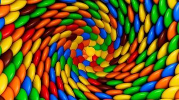 färgglada chokladdragerade godisar spiralbakgrund abstrakt färgglada godisvirvelspiral rund knappgodis 3d-illustration foto