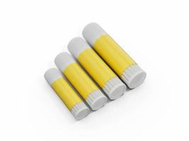 närbild gul limstift med vitt lock lim fäste liten till stor isolerad på vit bakgrund 3d-illustration foto