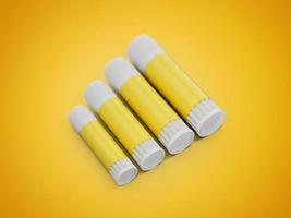 närbild gul limstift med vitt lock lim fäste liten till stor isolerad på gul bakgrund 3d-illustration foto