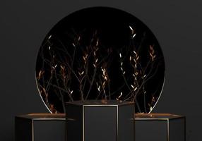 abstrakt gyllene och svarta scenpodium lyx och modern plattform för produktvisningsreklam med cirkelringar och blad svart bakgrund 3d rendering podium foto