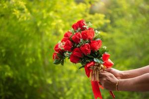 en mans hand ger en röd blomma på alla hjärtans dag. foto