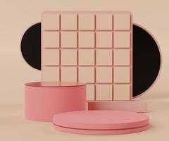 3d abstrakt minimalistiska geometriska former. rosa korall lyx podium display för din design. modeshowscen, piedestal, butiksfront med färgglatt tema. foto