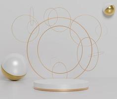 3d abstrakt minimala geometriska former. glansigt lyxpodium med enkla gyllene cirkulära ringar och geometriska former för din design. konstdekorelement. foto