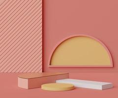 3D minimala geometriska former. rosa korall lyxpodium för din design. modeshowscen, piedestal, butiksfront med färgglatt tema. foto