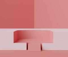 3D geometriska former. cylinderpodium i korallrosa färg. modeshowscen, piedestal, butiksfront med färgglatt tema. minimal scen för produktvisning. foto