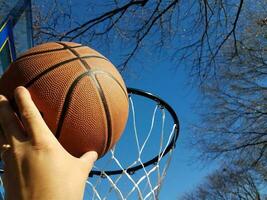 hand dunka en basketboll med hoop och träd foto