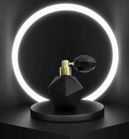 parfymflaska på svart cylinder för produktvisning, neonglasringbakgrund. 3d rendering foto