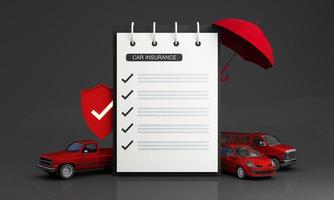 bilskydd och säkerhetsförsäkringskoncept, modern röd bil sedan lastbil skåpbil under vit texttypsnitt och paraply, isolerad på röd bakgrund, 3d-illustration som gör isometrisk foto