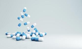 Enkla läkemedel för apotekskategorin inkluderar sårbandage, pillerlåda, stetoskop och vaccin med och massor av piller och kapslar. på blå 3d render illustration foto