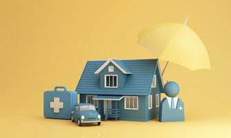försäkringsbolag klient teckna komplett försäkringskoncept. försäkring och försäkring bil, fastigheter och egendom, resor, ekonomi, hälsa, familj och liv. 3d gör gul foto