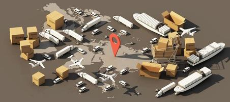 jordens världskarta omgiven av kartonger, ett lastcontainerfartyg, ett flygande plan, en bil, en skåpbil och en lastbil med GPS-plats på blå bakgrund 3d-rendering isometrisk vy foto