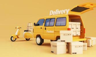 e-handelskoncept, leveranstjänst på mobilapplikation, transportleverans med skåpbilar, lastbilar och motorcykelskoter med telefonskärm och produktpaket, presentförpackningar gul ton 3d-rendering foto
