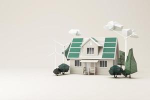 ren energikoncept på världsmiljödagen eller internationella dagen. vitt hus på taket med solceller i en naturlig skog omgiven av träd och väderkvarnar och elbilar 3d-rendering. foto