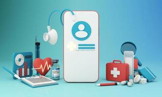 sjukförsäkringskoncept med ord täckning, skydd, risk och säkerhet onlinemedicin på en virtuell skärm och en tecknad trähand som trycker på en knapp, isolerad på blå bakgrund 3d-rendering foto