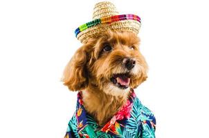 en bedårande brun leksakspudelhund med hatt på toppen och hawaii-klänning foto