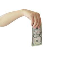 hand med pengar isolerad på vit bakgrund foto