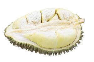 hälften av durian frukt isolerad på vit bakgrund foto