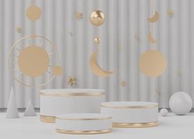 3D-rendering av podium i vitt guld med geometriska former. modeshowscen, piedestal, butiksfront med rent tema. minimal scen för produktvisning. foto