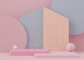 3D abstrakt bakgrund av tom podium display för produkter och kosmetisk presentation och mock up. rosa korallfärgad piedestal eller monter med minimala geometriska former. färgglad scen. foto