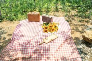 vacker vit inredning i boho stil. picknick i naturen, bord, mattor, wigwam, tält, kuddar i parken. firande efter karantän. foto