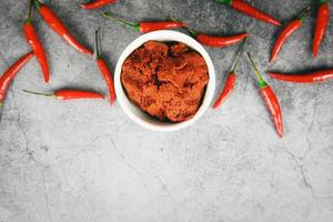 ingredienser asiatisk mat kryddiga kryddor i thailand - currypasta och röd chilipeppar bakgrund, ovanifrån foto
