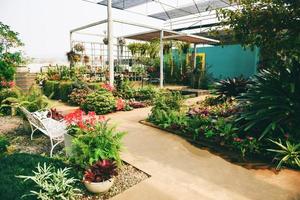 hem trädgårdsarbete och inredning inomhus växthus miljöer installationer blommor och växter - koppla av i vacker trädgård med stolar hem exteriör foto