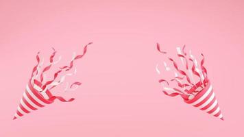 party poppers med flygande konfetti 3d render illustration på rosa bakgrund. foto