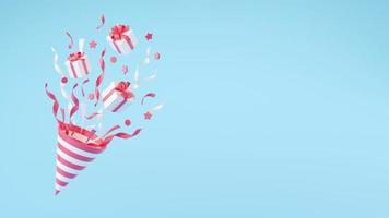 festpopper med flygande konfetti och presentförpackningar 3d render illustration. foto