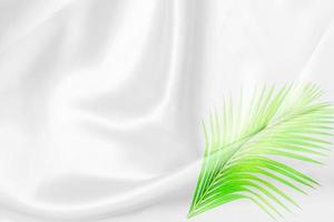 gröna palmblad mönster överlägg med vit tyg textur mjuk oskärpa bakgrund foto