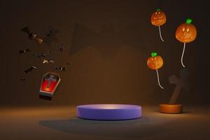 podium och levande ljus i ballongpumpa med genomskinlig glaskista för glad halloween, koncept 3d illustration eller 3d rendering foto