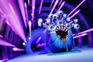 3D-illustration av ett läskigt blått monster kryper snabbt längs korridoren av rädsla. roligt monster för barn design foto