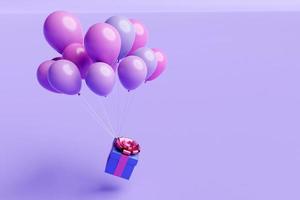 3D-illustrationspresent i en vacker lila förpackningslåda, en rosett med satinband flyger med hjälp av upplyftande ballonger på en lila bakgrund. festliga tillbehör, presentset. foto