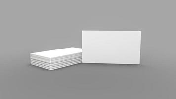 3D-renderade stack av tomma namnkort tomma vita visitkort på grå papper bakgrund. mockup för id foto