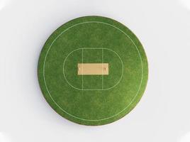 cricketstadion ovanifrån på cricketplan eller bollsportspel, grässtadion eller cirkelarena för cricketserier, grön gräsmatta eller mark för slagman, bowlare. utmark 3d illustration foto