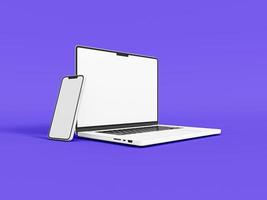 bärbar dator och telefon smartphone på vit bakgrund i minimal stil för mockup och responsiv webbplats. tom skärm bärbar dator, mobiltelefon 2022. 3D-renderad illustration foto