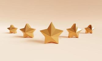 fem gyllene stjärnor feedback rank röst på orange bakgrund. åsikts- och marknadsundersökningskoncept. 3d illustration rendering foto