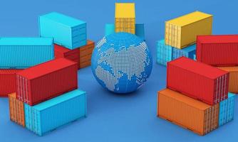 stack av behållare box, världen över av import export företag, 3D-rendering foto