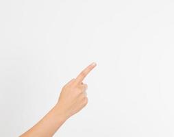 finger peka isolerade vit bakgrund. kvinna flicka hand. håna. kopieringsutrymme. mall. tom. foto