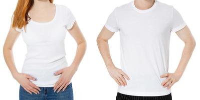man och kvinna i vit t-shirt närbild isolerad på en vit isolerad, t-shirt närbild tomt kopia utrymme foto
