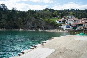 utsikt över fiskebyn tazones från dess hamn. måsar på rad. asturien foto