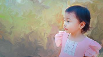 frånvarande barn. 3 år gammal söt baby asiatisk flicka tittar på kopia utrymme. foto