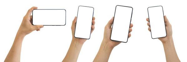 samling av manlig hand som håller smart telefon med vit tom skärm isolerad på vit bakgrund inkluderar urklippsbana. teknik koncept. foto