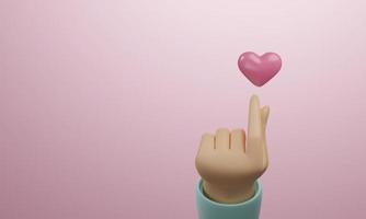 gör en finger hjärta symbol för hand. med hjärta ikon rosa bakgrund. foto