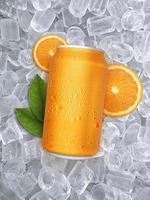 aluminium orange läskburk med frukter på isbitar bakgrund foto